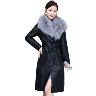 Long Leather Coat Female Outerwear With Belt M-4XL