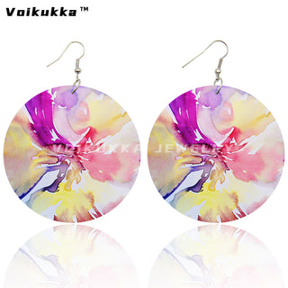 Voikukka Jewelry 6 CM Circle Floral Double-sided Printing Flowers Country Style Wooden Pendant Drop Fashion Earrings For Women