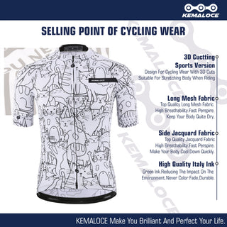 KEMALOCE Breathable Unisex White Cartoon Cat Cycling Jersey Spring Anti-Pilling Eco-Friendly Bike Clothing Top Road Team Bicycle