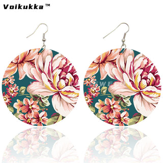 Voikukka Jewelry 6 CM Circle Floral Double-sided Printing Flowers Country Style Wooden Pendant Drop Fashion Earrings For Women