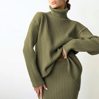 New Casual Two Pieces Turtle Neck Sweater and Midi Skirt Female Warm Suits with Skirt