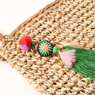 1pc Flower Charms Keychains Wooden Beads With Pompom Keyring Colorful Jewelry Boho Style