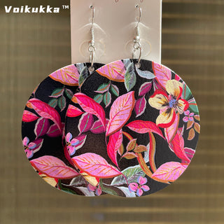 Voikukka Jewelry 6 CM Circle Floral Double-sided Printing Flowers Country Style Wooden Pendant Drop Fashion Earrings For Women