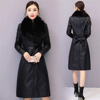 Long Leather Coat Female Outerwear With Belt M-4XL