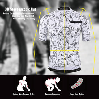 KEMALOCE Breathable Unisex White Cartoon Cat Cycling Jersey Spring Anti-Pilling Eco-Friendly Bike Clothing Top Road Team Bicycle