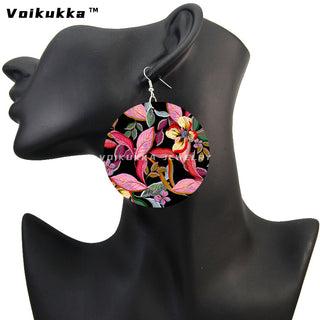 Voikukka Jewelry 6 CM Circle Floral Double-sided Printing Flowers Country Style Wooden Pendant Drop Fashion Earrings For Women