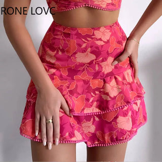 Women Floral Print Pom Pom Ruffles Top & Layered Skirt set Casual 2 Pieces Set