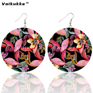 Voikukka Jewelry 6 CM Circle Floral Double-sided Printing Flowers Country Style Wooden Pendant Drop Fashion Earrings For Women