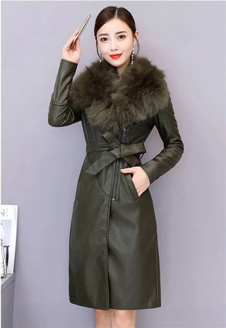 Women's Leather Velvet Warm Slim Big Fur Collar Long Leather Coat