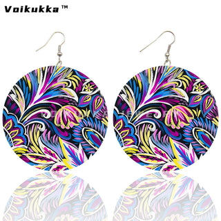 Voikukka Jewelry 6 CM Circle Floral Double-sided Printing Flowers Country Style Wooden Pendant Drop Fashion Earrings For Women