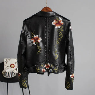 Ftlzz Women Floral Print Embroidery Faux Soft Leather Jacket Coat