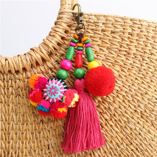 1pc Flower Charms Keychains Wooden Beads With Pompom Keyring Colorful Jewelry Boho Style