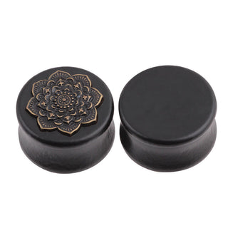 New Style 2PCS Black Natural Wood Mandala Flower Ear Plugs Tunnels Ear Expanders Earring Gauges Piercing Plug Ears Body Jewelry