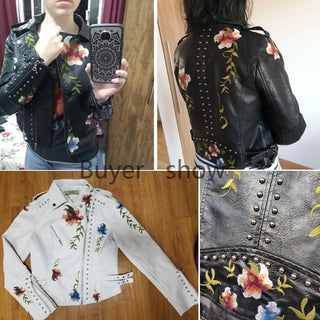 Ftlzz Women Floral Print Embroidery Faux Soft Leather Jacket Coat