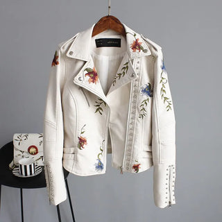 Ftlzz Women Floral Print Embroidery Faux Soft Leather Jacket Coat