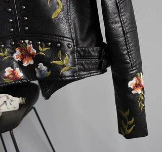 Ftlzz Women Floral Print Embroidery Faux Soft Leather Jacket Coat