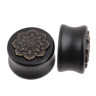 New Style 2PCS Black Natural Wood Mandala Flower Ear Plugs Tunnels Ear Expanders Earring Gauges Piercing Plug Ears Body Jewelry