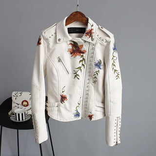 Ftlzz Women Floral Print Embroidery Faux Soft Leather Jacket Coat