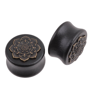 New Style 2PCS Black Natural Wood Mandala Flower Ear Plugs Tunnels Ear Expanders Earring Gauges Piercing Plug Ears Body Jewelry