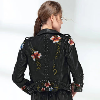 Ftlzz Women Floral Print Embroidery Faux Soft Leather Jacket Coat