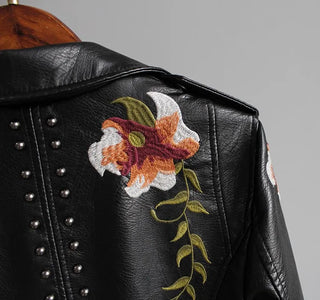 Ftlzz Women Floral Print Embroidery Faux Soft Leather Jacket Coat