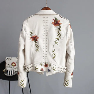 Ftlzz Women Floral Print Embroidery Faux Soft Leather Jacket Coat