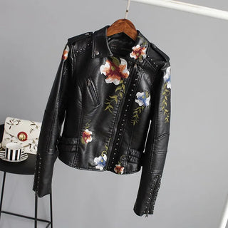 Ftlzz Women Floral Print Embroidery Faux Soft Leather Jacket Coat