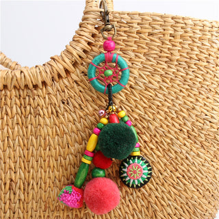 1pc Flower Charms Keychains Wooden Beads With Pompom Keyring Colorful Jewelry Boho Style