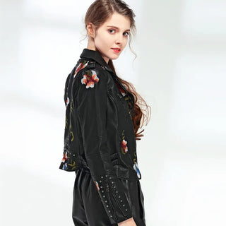 Ftlzz Women Floral Print Embroidery Faux Soft Leather Jacket Coat