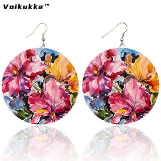 Voikukka Jewelry 6 CM Circle Floral Double-sided Printing Flowers Country Style Wooden Pendant Drop Fashion Earrings For Women