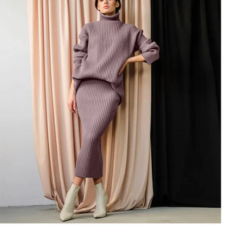 New Casual Two Pieces Turtle Neck Sweater and Midi Skirt Female Warm Suits with Skirt