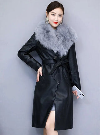 Women's Leather Velvet Warm Slim Big Fur Collar Long Leather Coat