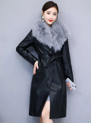 Long Leather Coat Female Outerwear With Belt M-4XL