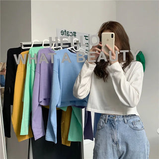 Candy Colors Loose Long Sleeve T-shirts Women Spring Daily Student All-match Casual Streetwear Short Style Tops Basic Undershirt