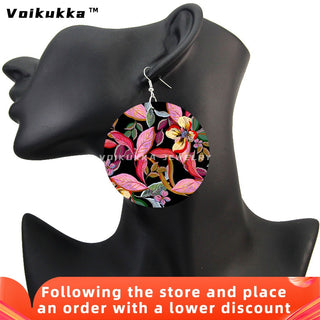 Voikukka Jewelry 6 CM Circle Floral Double-sided Printing Flowers Country Style Wooden Pendant Drop Fashion Earrings For Women