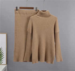 New Casual Two Pieces Turtle Neck Sweater and Midi Skirt Female Warm Suits with Skirt