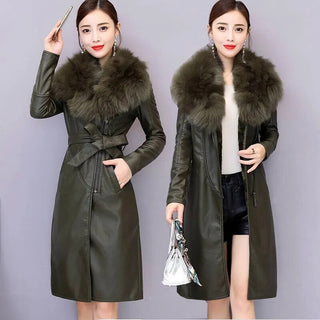 Long Leather Coat Female Outerwear With Belt M-4XL