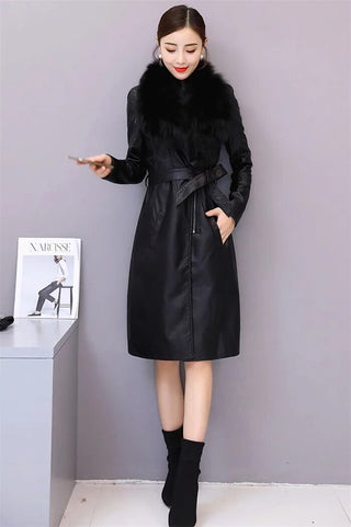 Women's Leather Velvet Warm Slim Big Fur Collar Long Leather Coat