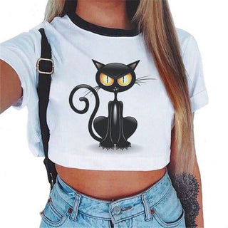 Moda d'estiu Harajuku Sexy Tank Top Crop Top Samarreta blanca Roba de dona de gat negre entremaliat de màniga curta de dibuixos animats