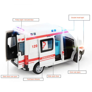 Hospital Rescue Ambulance Emergency Police Alloy Metal Diecast Cars Model Sound Light Educational Kids Toys For Childr