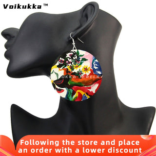 Voikukka Jewelry 6 CM Circle Floral Double-sided Printing Flowers Country Style Wooden Pendant Drop Fashion Earrings For Women