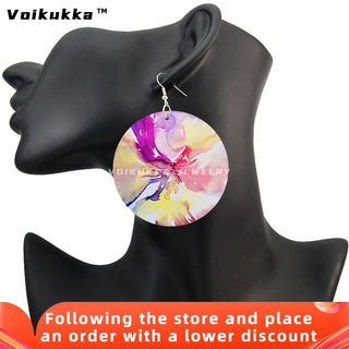 Voikukka Jewelry 6 CM Circle Floral Double-sided Printing Flowers Country Style Wooden Pendant Drop Fashion Earrings For Women