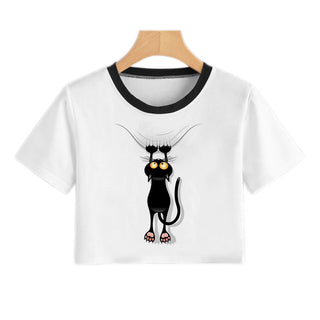 Moda d'estiu Harajuku Sexy Tank Top Crop Top Samarreta blanca Roba de dona de gat negre entremaliat de màniga curta de dibuixos animats