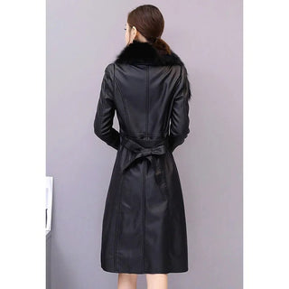 Long Leather Coat Female Outerwear With Belt M-4XL