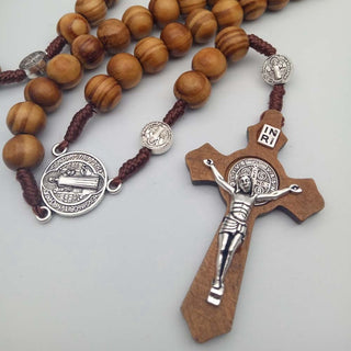 Fashion Style Handmade Fine Brown Catholic Jewelry Hand-woven Alloys Wooden Beads Cross Rosary Necklace Accessories Present