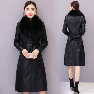 Women's Leather Velvet Warm Slim Big Fur Collar Long Leather Coat