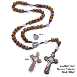 Fashion Style Handmade Fine Brown Catholic Jewelry Hand-woven Alloys Wooden Beads Cross Rosary Necklace Accessories Present