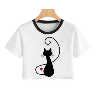 Moda d'estiu Harajuku Sexy Tank Top Crop Top Samarreta blanca Roba de dona de gat negre entremaliat de màniga curta de dibuixos animats