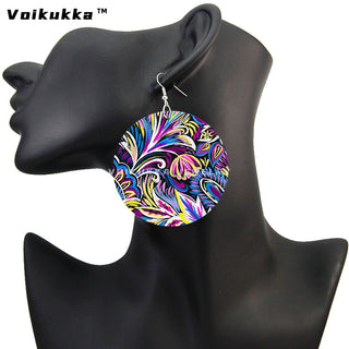 Voikukka Jewelry 6 CM Circle Floral Double-sided Printing Flowers Country Style Wooden Pendant Drop Fashion Earrings For Women