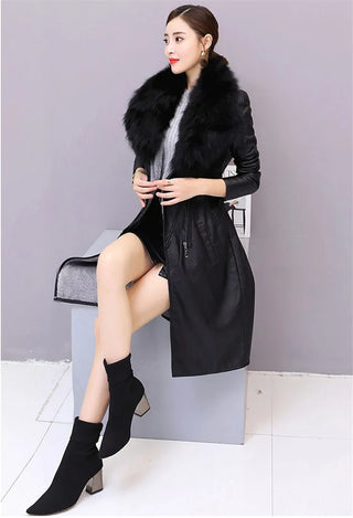 Long Leather Coat Female Outerwear With Belt M-4XL